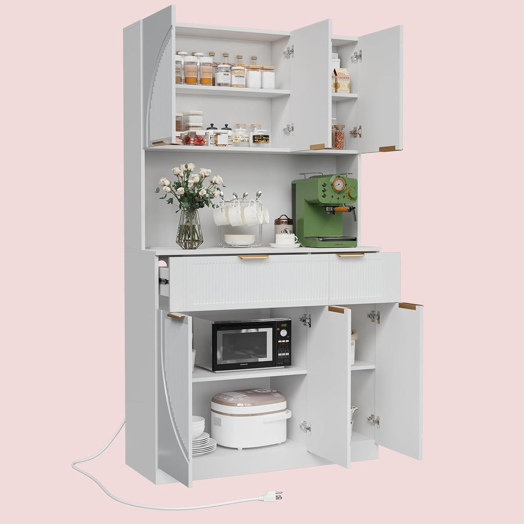 71" Kitchen Pantry Cabinet with Build-in Charging Station, White Modern Kitchen Cabinet Hutch with Drawers & Microwave Stand, Pantry Buffet with Countertop for Dining Room, White