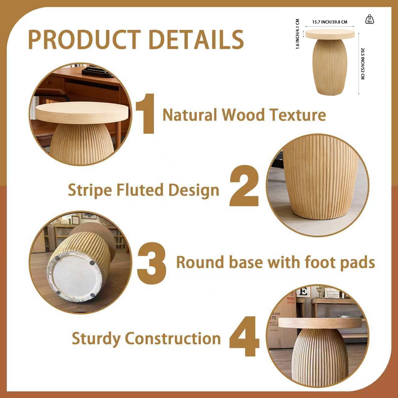 TwinLakes Mushroom Shaped Wood End Table, Boho Side Table with Mgo Base, Round Night Stand for Bedroom, Living Room, 15.7" Dia. x 20.5" H