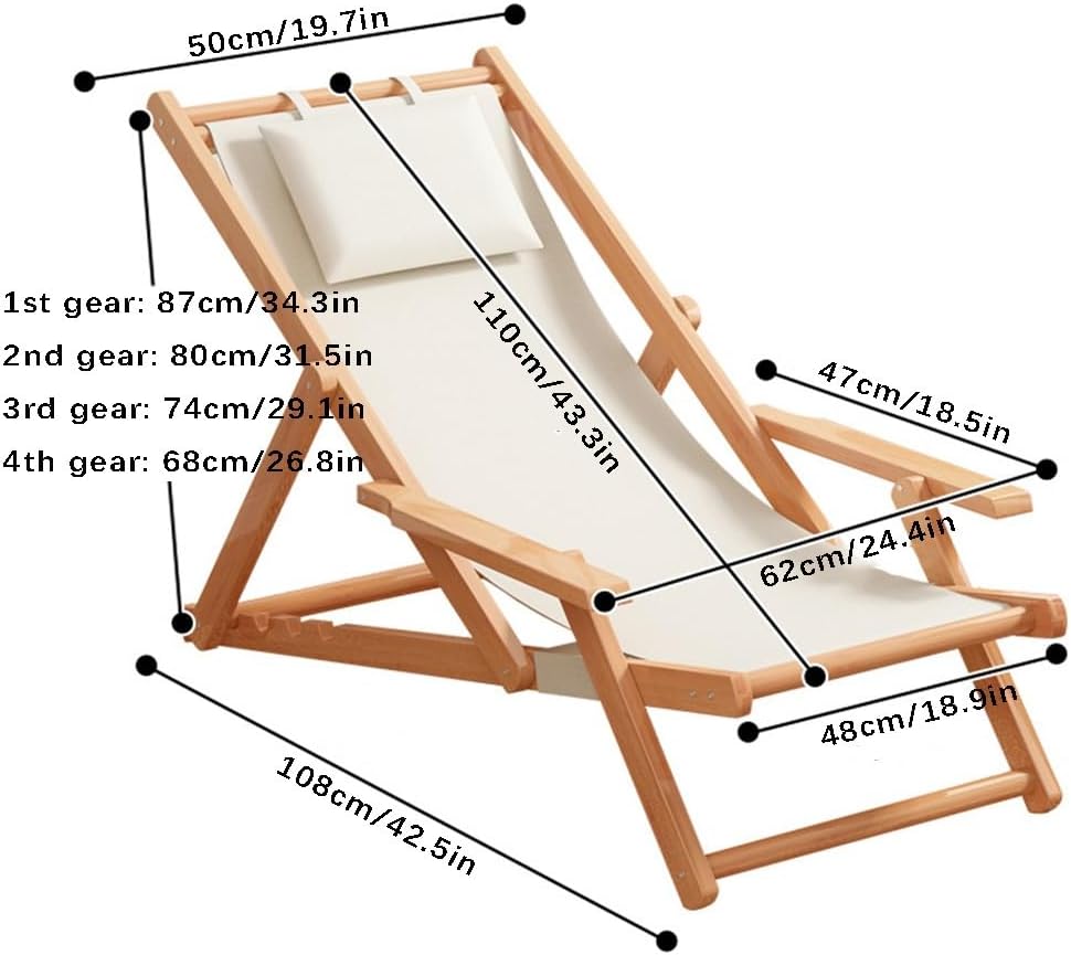 Wood Portable Reclining Beach Chair, 4 Level Height Adjustable Reclining Chairs with Wood Frames and Cushioned Headrest, for Indoor Outdoor Garden, Backyard, Poolside