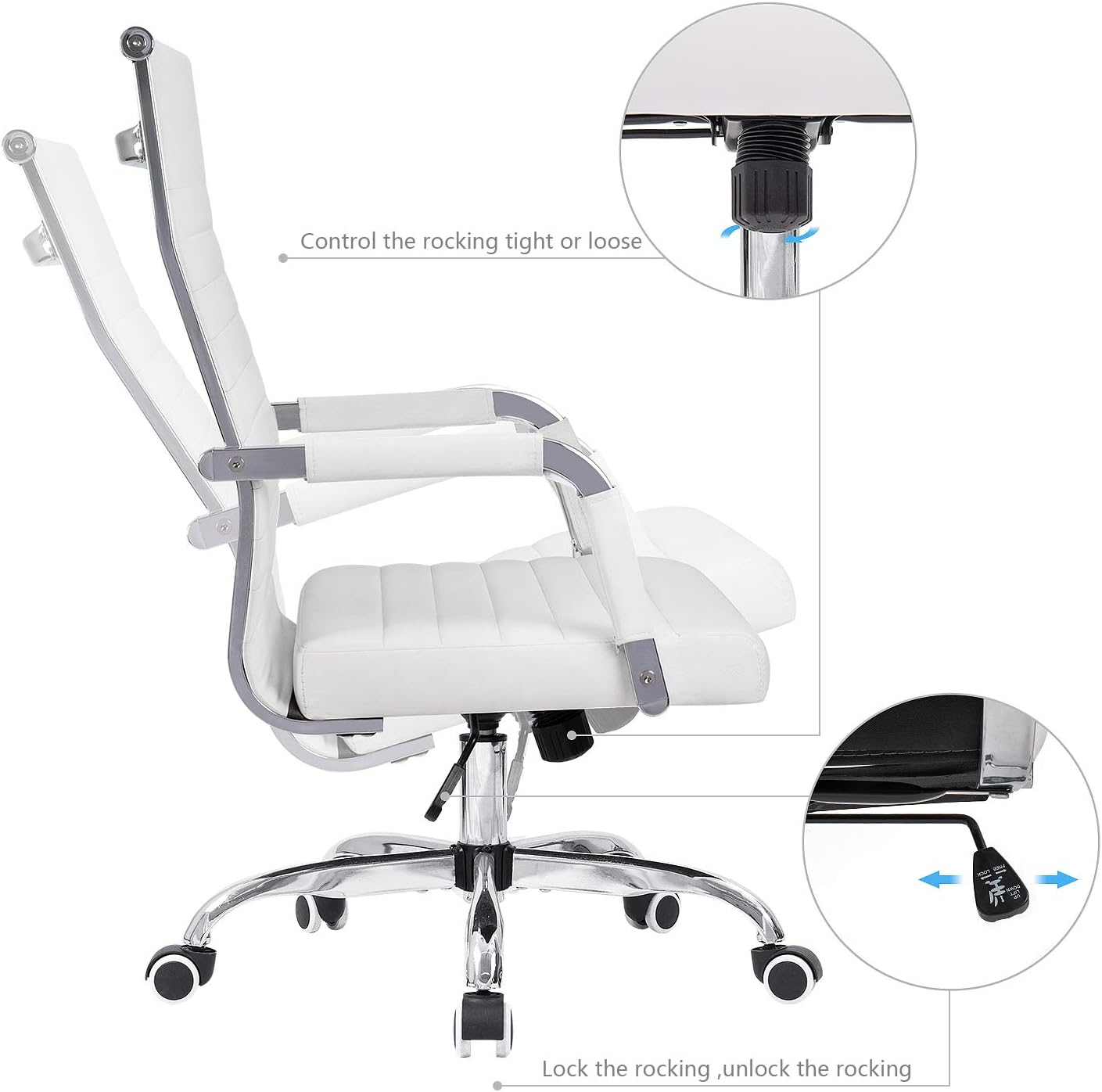 KaiMeng Ribbed Office Desk Mid Back Computer Chair Height Adjustable Conference Executive Task Swivel PU Leather (White)