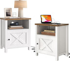 Pipishell Night Stand Set 2, Farmhouse Bedside Table Set of 2 with Open Shelf, Enclosed Cabinet, USB Port & AC Outlet, Wood Side Table with Storage for Bedroom, White and Brown, 2 Pack