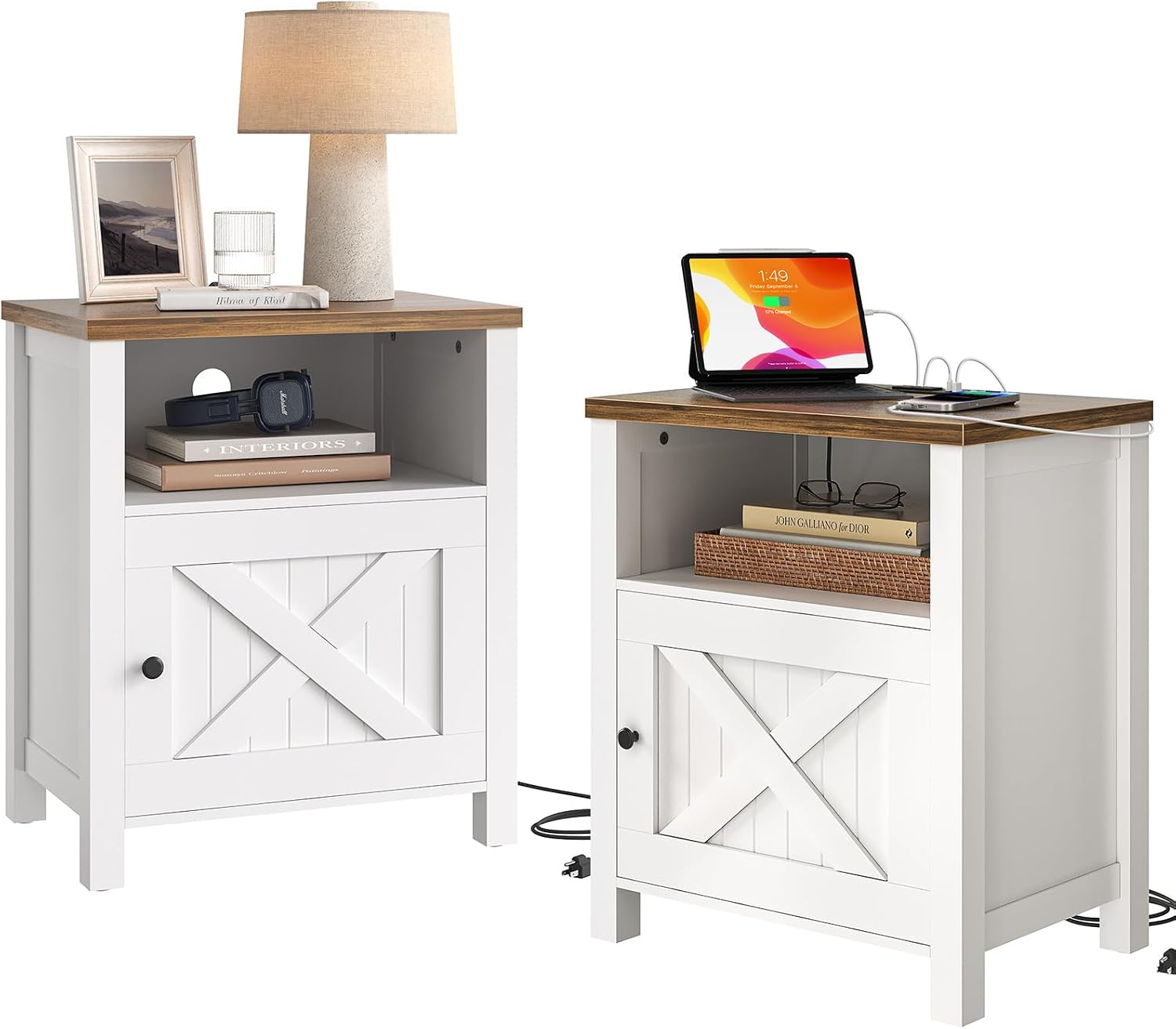 Pipishell Night Stand Set 2, Farmhouse Bedside Table Set of 2 with Open Shelf, Enclosed Cabinet, USB Port & AC Outlet, Wood Side Table with Storage for Bedroom, White and Brown, 2 Pack