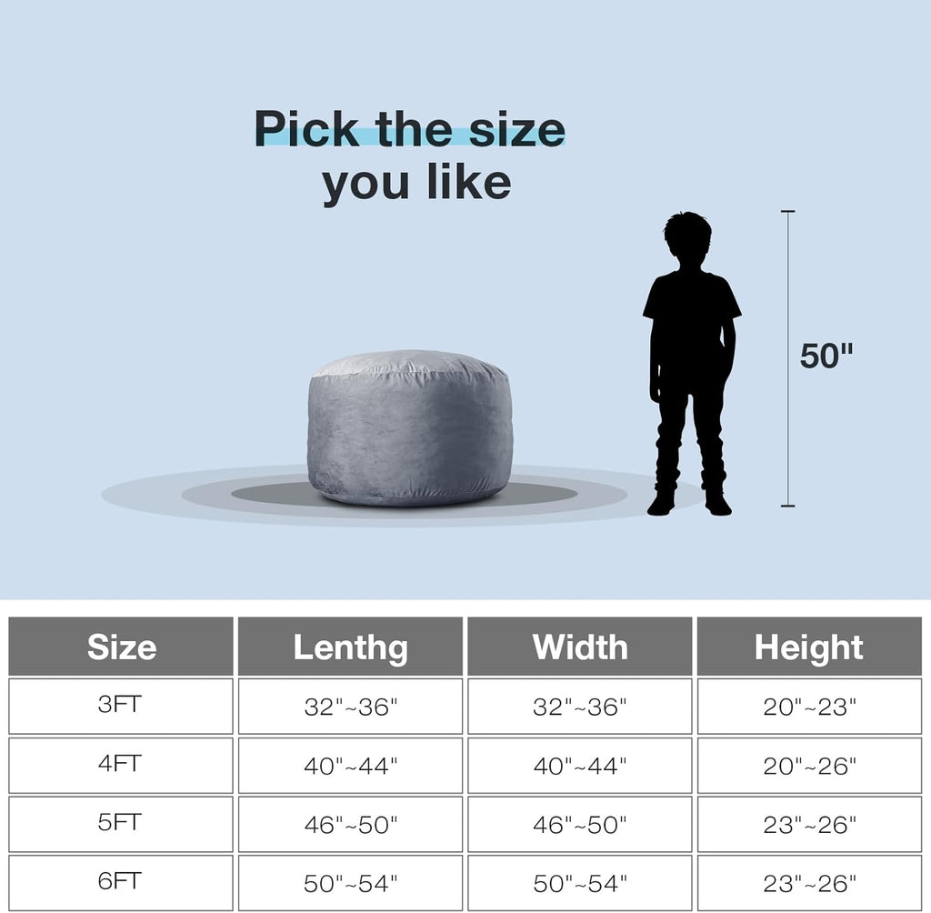 EDUJIN Bean Bag Chair, Memory Foam Bean Bag Chairs for Adults, Soft Velvet Cover, Stylish Beanbag Sofa for Living Room, Convenient Pocket & Pull-Handle Design - 3 Foot, Grey
