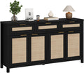 HOKYHOKY Rattan Sideboard Buffet Cabinet, Boho Storage Cabinet with Adjustable Shelves, Farmhouse Credenza Coffee Bar Cabinets with 4 Doors & 3 Drawers for Living Room, Hallway & Kitchen
