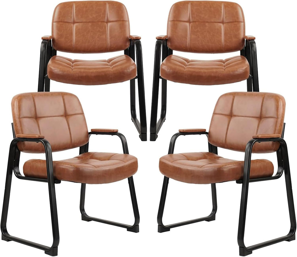 CLATINA Big & Tall Reception Chair, 400 lbs Capacity Leather Waiting Room Guest Chair, No Wheels Wide Seat Office Chair with Padded Arms for Lobby Conference Home Office, Brown, 4 Pack