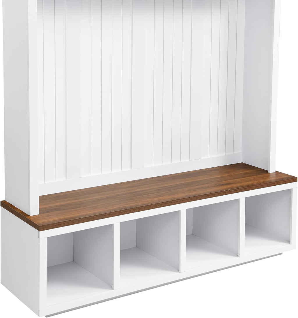 LUMISOL 59''W Hall Tree with Bench and Shoe Storage, Mudroom Bench with 4 Hooks, Open Compartments, 4 Storage Cabinets, Entryway Organizer for Entrance, Hallway, White
