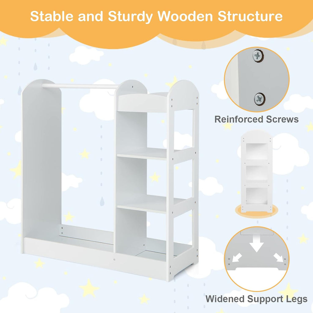 Costzon Kids Dress up Storage with Mirror, Clothes Rack, 3-Tier Shelves, Bottom Tray, Pretend Play Costume Dresser Organizer Center, Open Hanging Armoire Closet for Little Girls (White)
