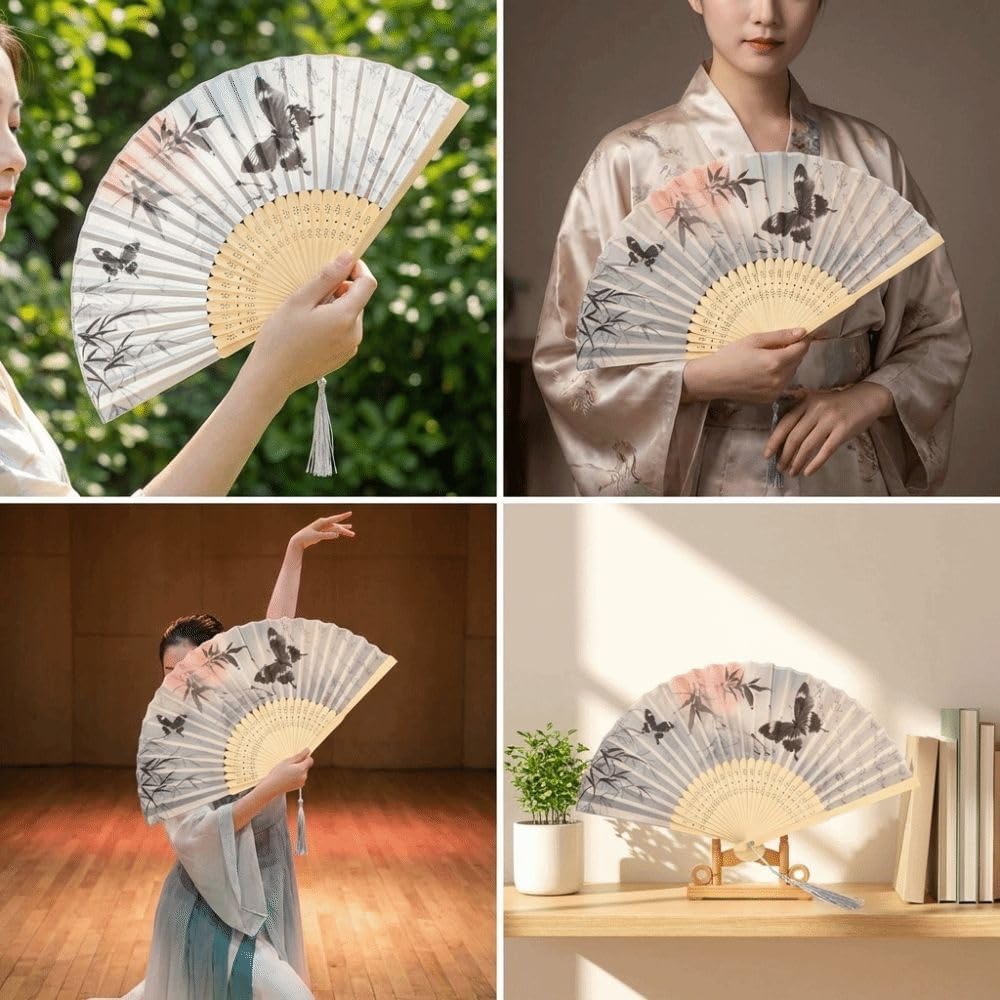 Chinese Style Antique Silk Folding Hand Fan, Elegant Dance Fan Art Crafts with Tassel Handheld Dance Fan Dance Props ﻿