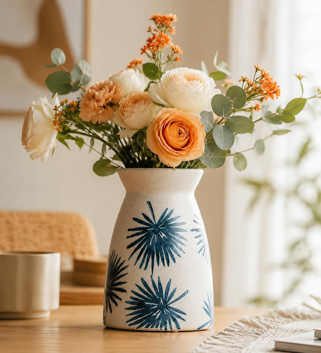 hjn White Flower Vase- Ceramic Vase for Decor, White vase for Flowers, Modern Vases for Living Room/Home Decor Accents/Entryway/Mantel/Bookshel-Teal