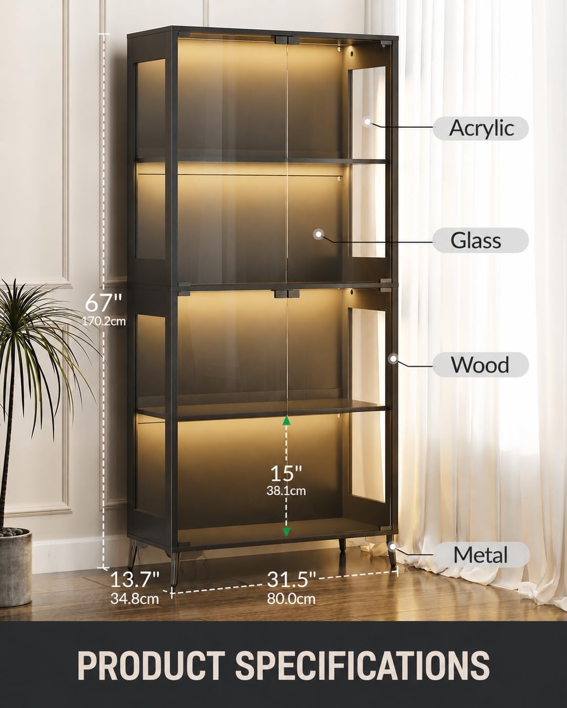 Glass Display Cabinet with Doors, 4-Tier Display Case with Adjustable Shelves, RGB LED Lights with App & Remote Control, Curio Storage Cabinet with Metal Base for Collectibles, Books, Black