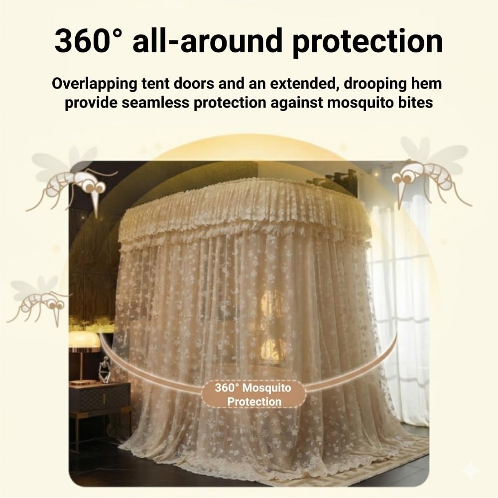 U-Shaped Rail Bed Canopy Curtain, Double Layer Bed Curtain, Princess Bed Canopy, 3 Opening Mosquito Net, Cozy Drape Netting for Bedroom Decoration(Khaki,70.9x86.6in)