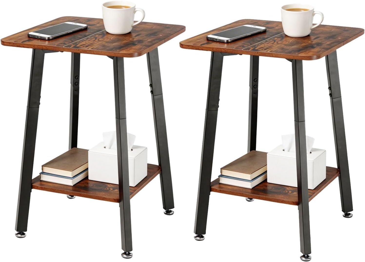King Oasis 2-Tier Small Side Table for Living Room, End Table with Storage Shelf, Wood & Metal Bedside Table Nightstand for Small Spaces, Sturdy Sofa Side Table for Bedroom, Rustic Brown 2pcs