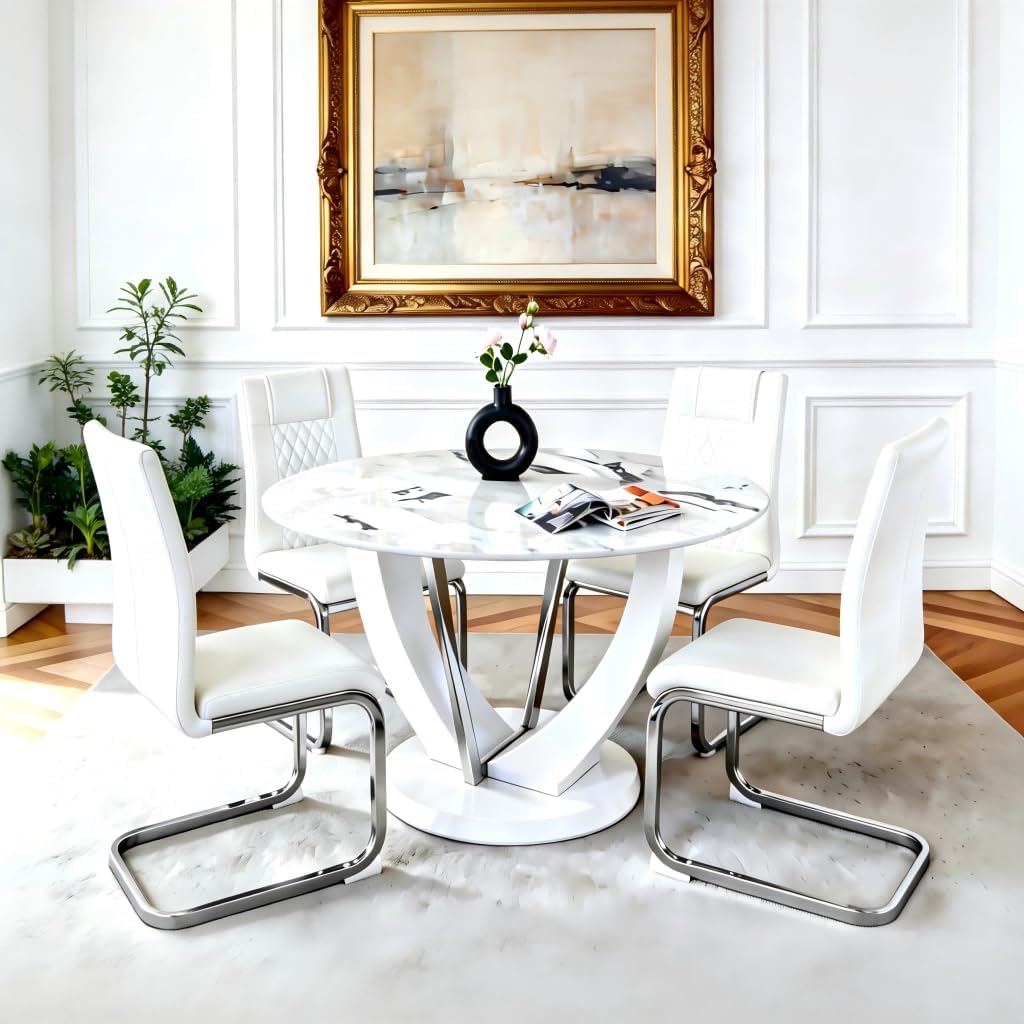 47" Round Dining Table Set for 4, Faux Marble Kitchen Table with 4 Upholstered Chairs, Modern High Glossy Base Table Set for Kitchen Dining Room