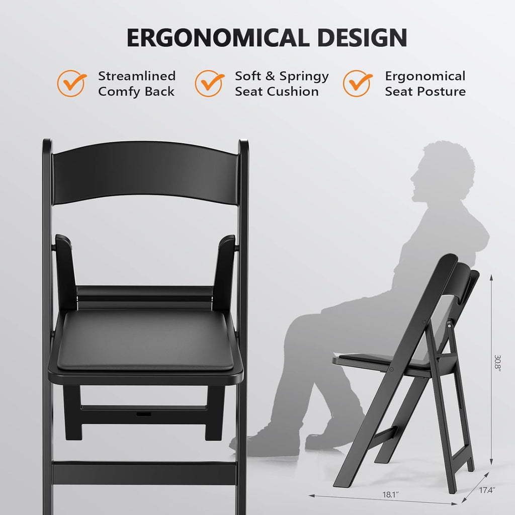 FCH Plastic Folding Chair with Padded Seat, Resin Foldable Chairs with Soft Cushion, Comfortable and Sturdy, Suitable for Indoor and Outdoor, Parties, Weddings, Commercial Events, Black, 4 Pack