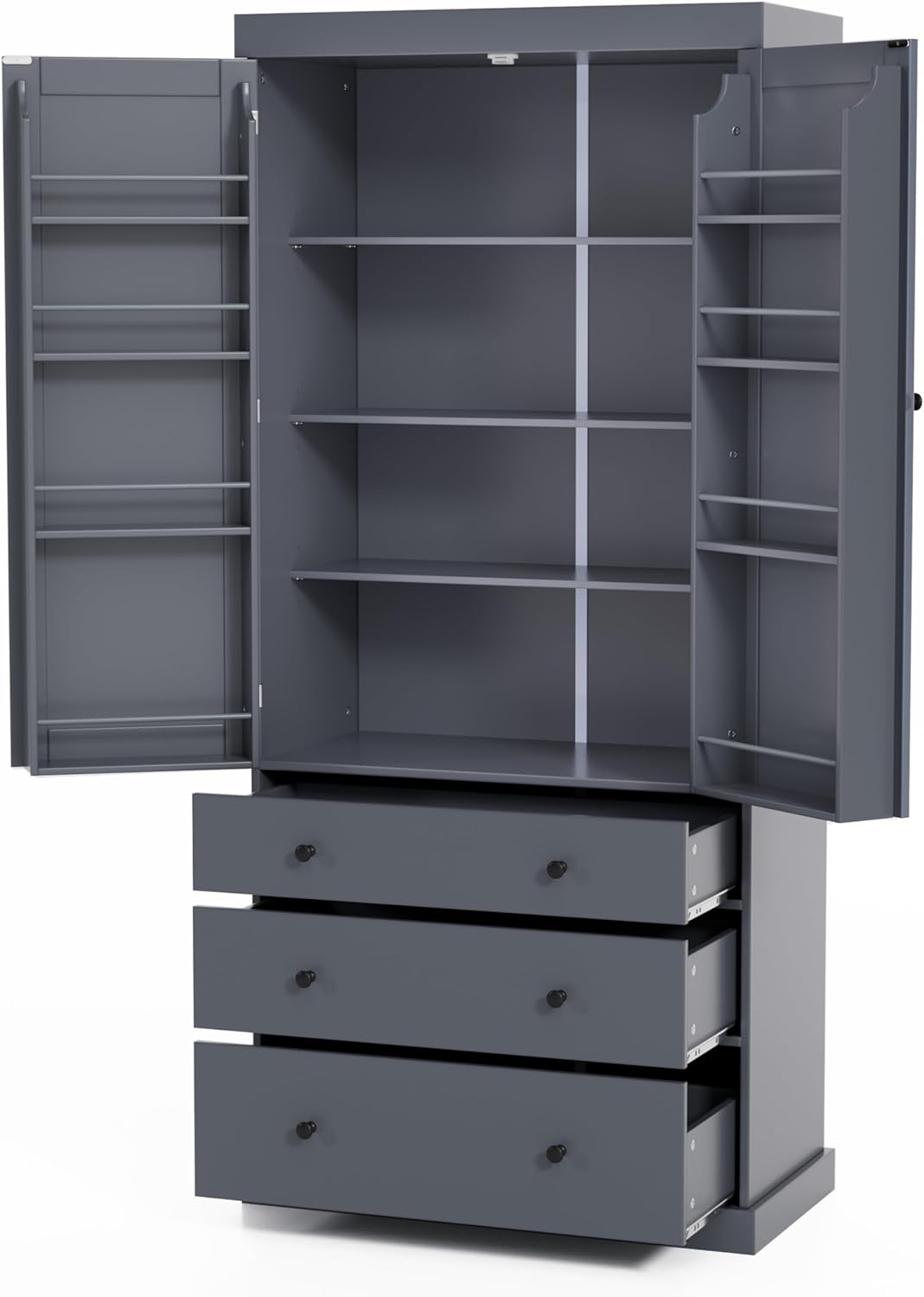 77inch Farmhouse Kitchen Pantry, Freestanding Tall Cupboard Storage Cabinet with 3 Adjustable Shelves, 8 Door Shelves, 3 Drawers for Kitchen, Dining Room, Gray