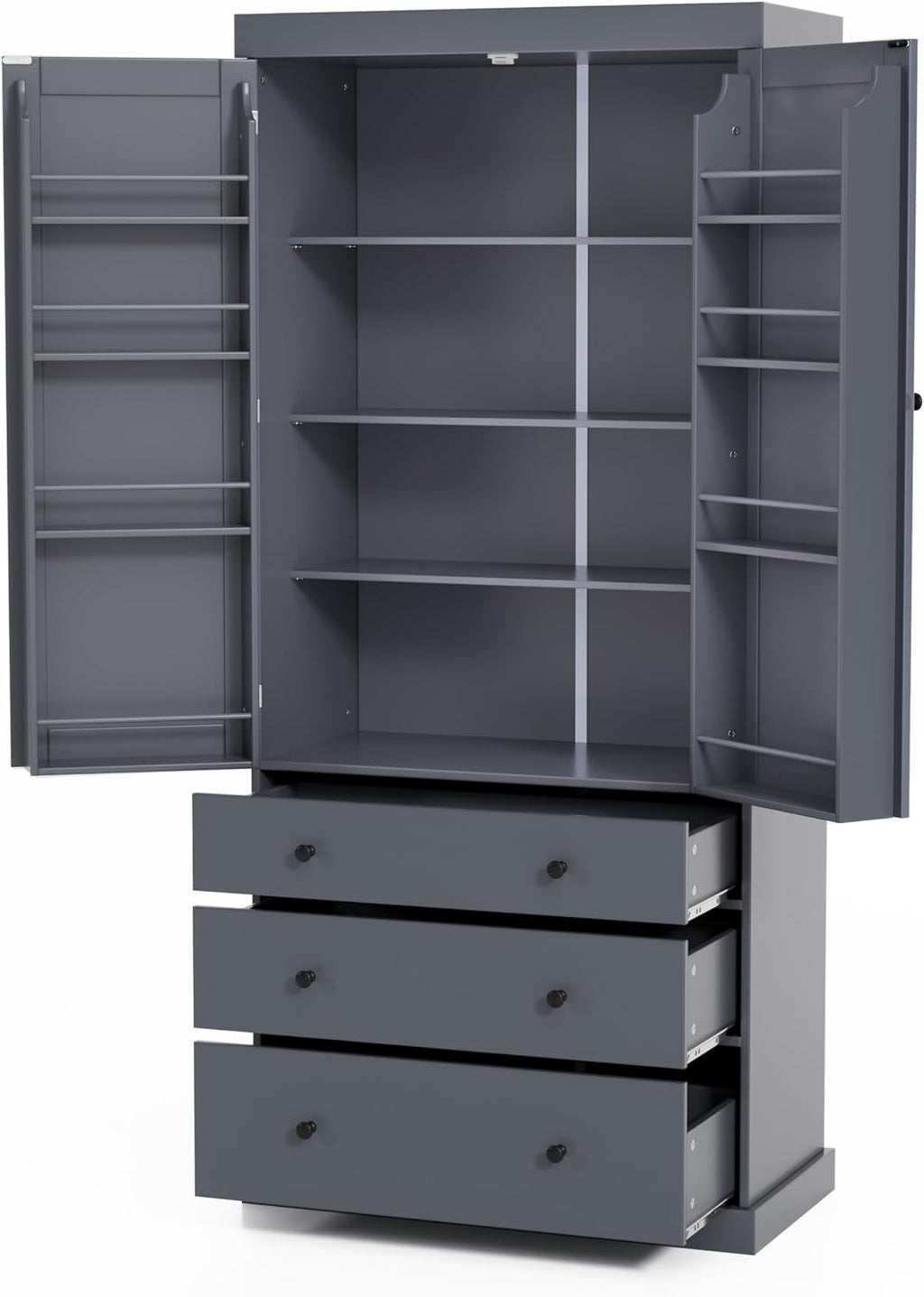 77-Inch Farmhouse Kitchen Pantry Cabinet - Freestanding Tall Storage with 3 Adjustable Shelves, 8 Door Shelves, 3 Slide-Out Drawers, 110lbs Shelf Capacity, Anti-Tip Design, Easy Assembly (Gray)