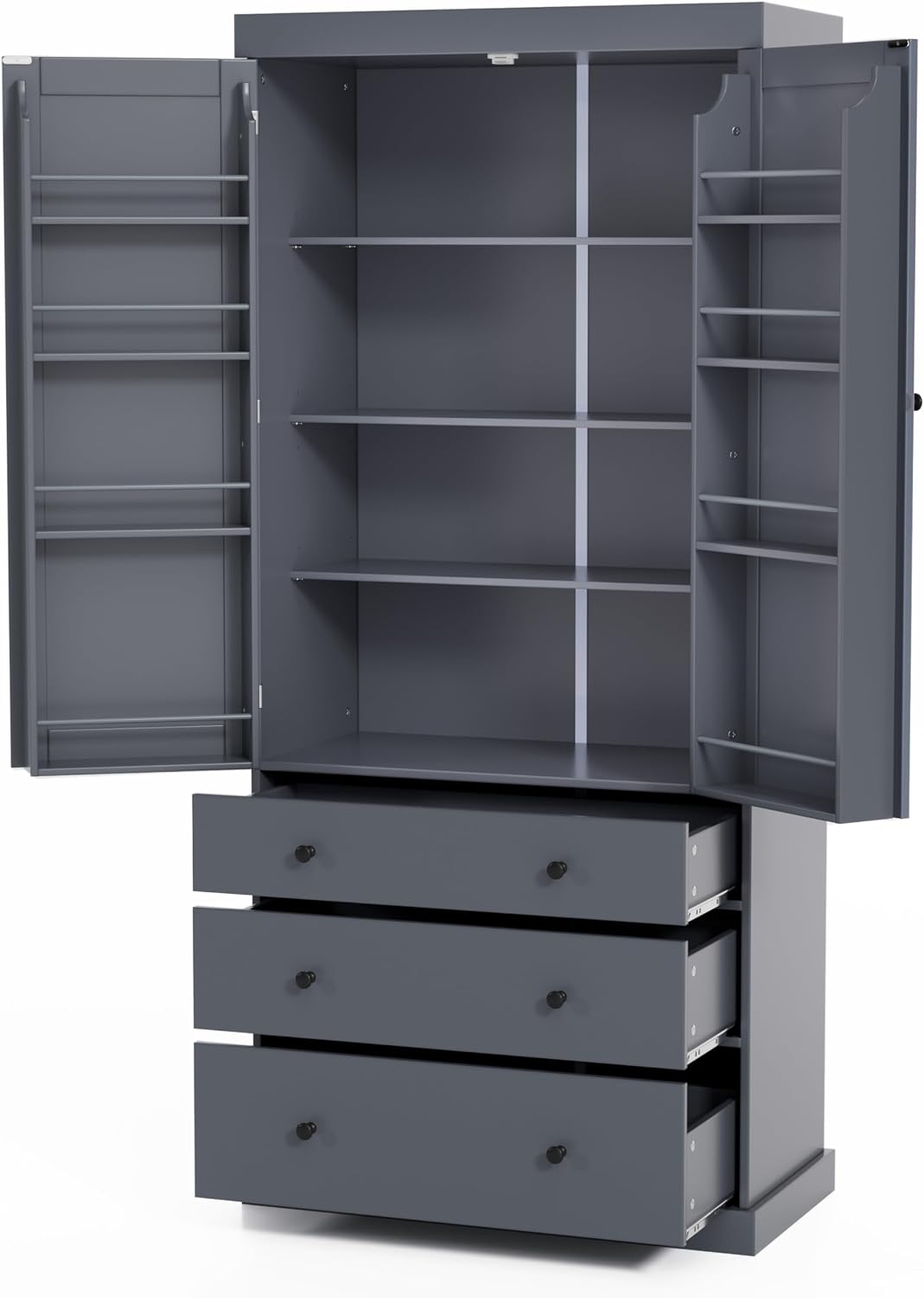 77-Inch Farmhouse Kitchen Pantry Cabinet - Freestanding Tall Storage with 3 Adjustable Shelves, 8 Door Shelves, 3 Slide-Out Drawers, 110lbs Shelf Capacity, Anti-Tip Design, Easy Assembly (Gray)