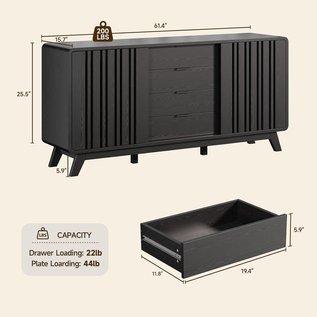 ONBRILL Sideboard Buffet Cabinet with Storage, Fluted Buffet Cabinet with Sliding Doors & 4 Drawers, Mid Century Modern Coffee Bar Wine Bar Credenza for Living Room, Kitchen (Black)