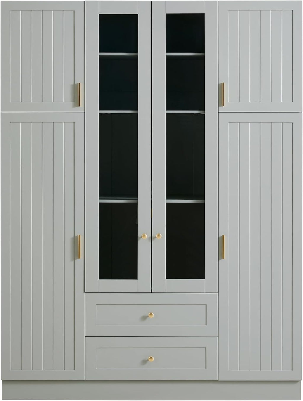 71" H Large Kitchen Pantry with 6 Doors, 53.2" L x 17.7" W Wooden Cupboard with Drawers, Pull-Out Trays, Wine Rack and Adjustable Shelves for Dining Room, Gray-Green