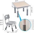 UNICOO - Kids 23""x23"" Three Piece Study Table and Chairs Set, Height Adjustable Plastic Children Art Desk with 2 Seats, Kids Multipurpose Activity Table Set (Maple Top with Grey Border), KT-TCO1