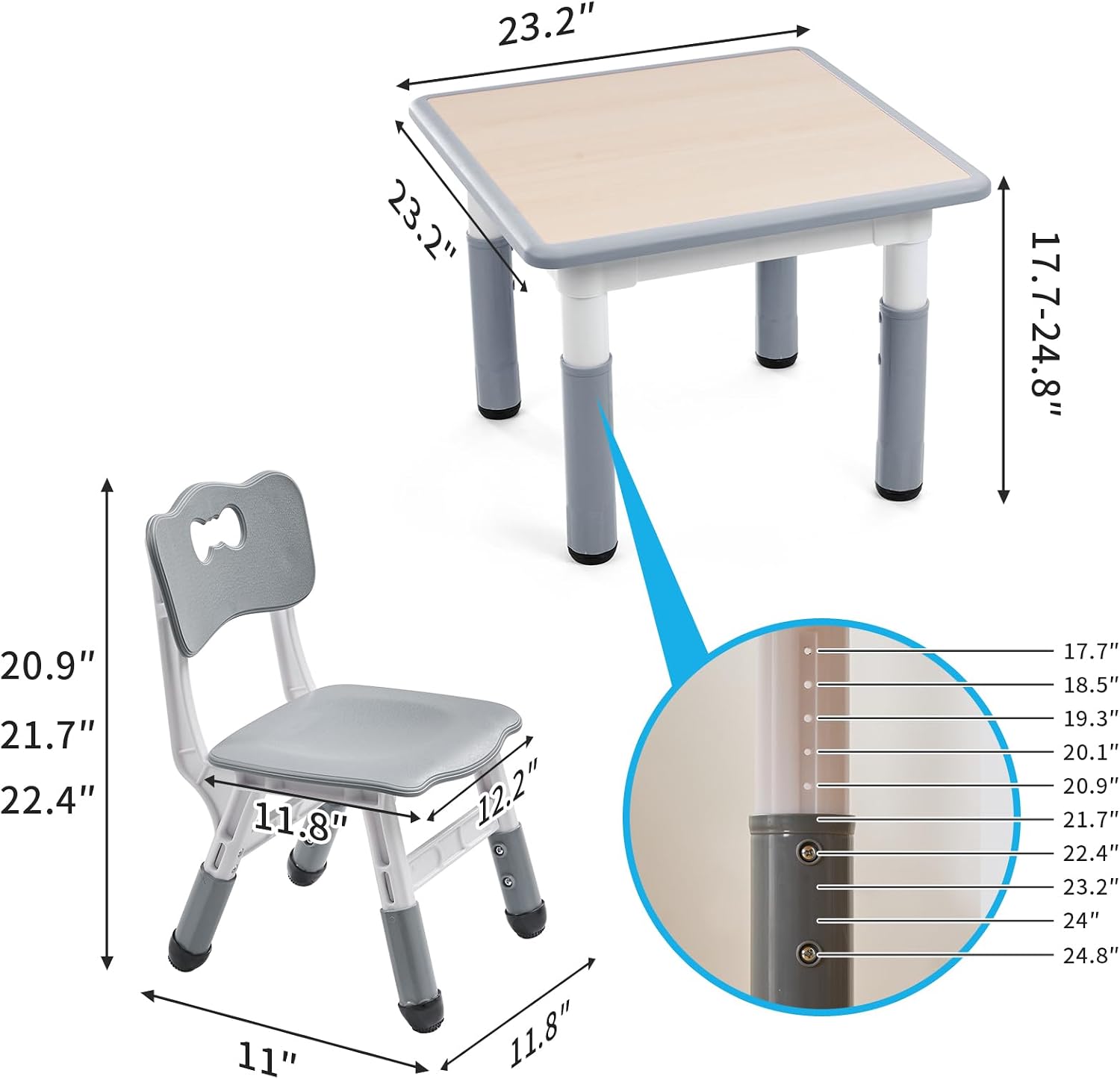 UNICOO - Kids 23""x23"" Three Piece Study Table and Chairs Set, Height Adjustable Plastic Children Art Desk with 2 Seats, Kids Multipurpose Activity Table Set (Maple Top with Grey Border), KT-TCO1