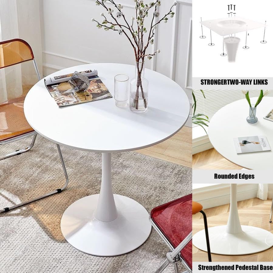 Round Dining Table, 24" Circle Pedestal Table with Thickened Tabletop & Metal Pedestal, Mid-Century Modern Coffee Table for Living Room, Kitchen, Small Places, White
