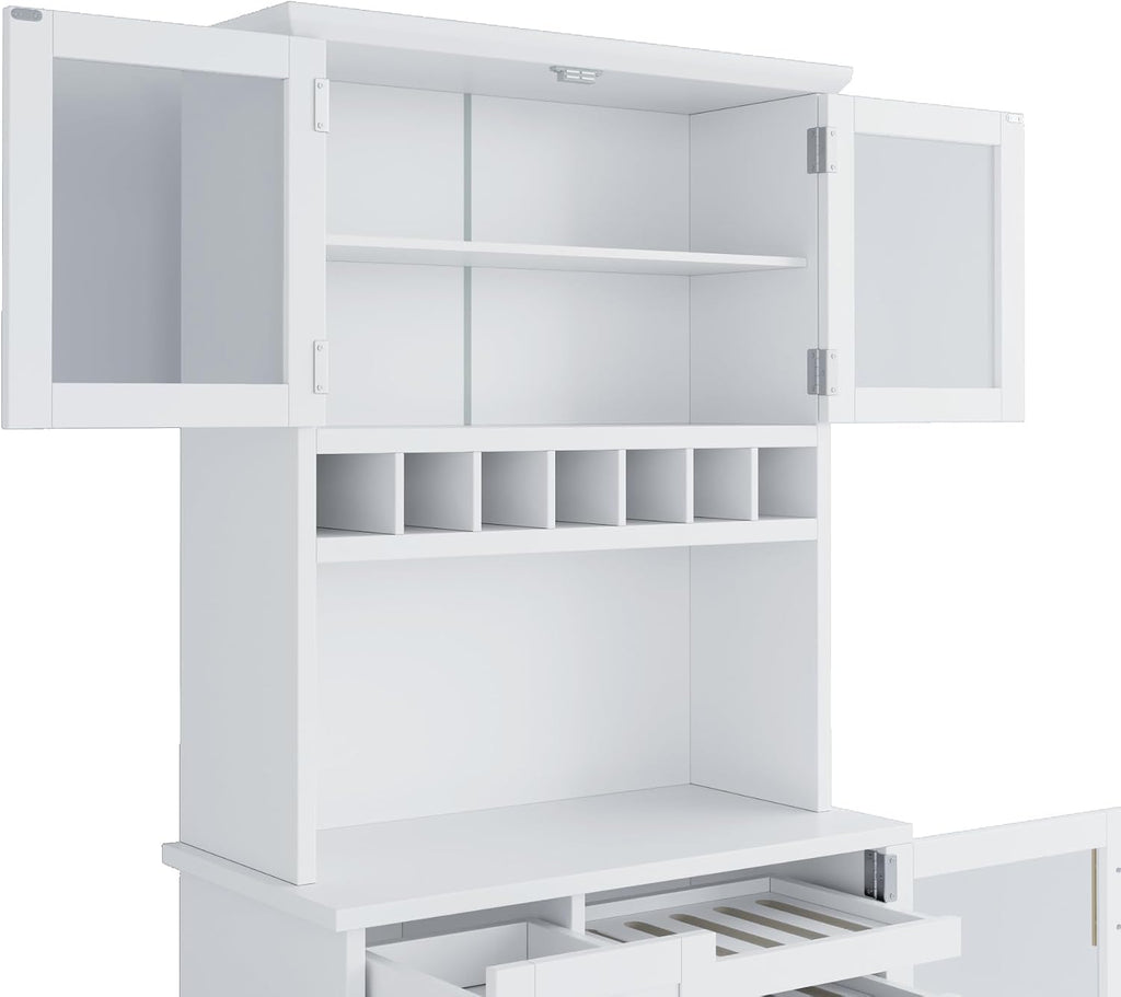 LUMISOL Farmhouse Kitchen Pantry Cabinet with Wine Rack, Freestanding Buffet with Hutch and Adjustable Shelves, Kitchen Hutch with Pull-Out Bottle Trays for Dining Room, 35.4x17.7x74.8 in, White