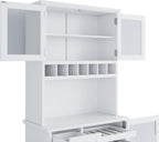 LUMISOL Farmhouse Kitchen Pantry Cabinet with Wine Rack, Freestanding Buffet with Hutch and Adjustable Shelves, Kitchen Hutch with Pull-Out Bottle Trays for Dining Room, 35.4x17.7x74.8 in, White