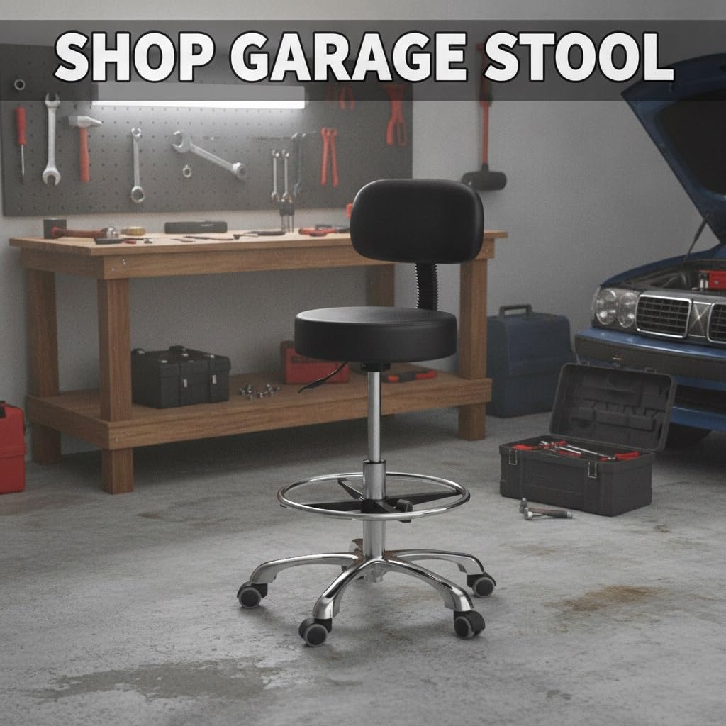 Kaleurrier Rolling Stoools with Back Rest, Swivel Adjustable Heavy Duty Stool Chair for Salon Kitchen Counter Lab Garage Dentist Office Drafting Standing Desk - with Wheels(Black with Footrest)