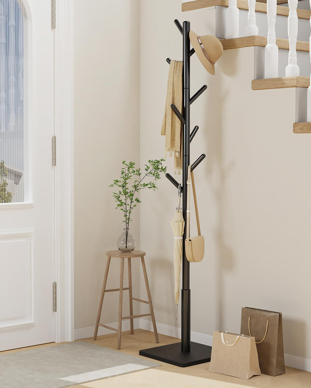 Yawinhe Wooden Coat Rack Freestanding,Hall Tree with 8 Hooks,Black | 3 Adjustable Heights Coat Standing Tree; Sturdy Clothes Stand with Square Base; Coat Tree for Entryway, Hallway