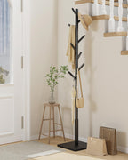 Yawinhe Wooden Coat Rack Freestanding,Hall Tree with 8 Hooks,Black | 3 Adjustable Heights Coat Standing Tree; Sturdy Clothes Stand with Square Base; Coat Tree for Entryway, Hallway