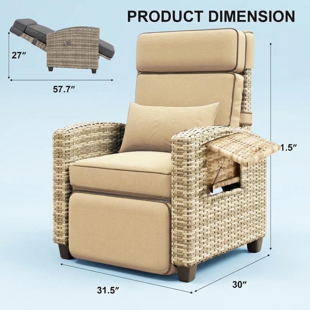Outdoor Wicker Gas Lift Chair with Cushion, 145° Adjustable PE Rattan Patio with Metal Frame, Height Adjustable Lounge Chair for Garden, Patio, Balcony & Backyard,Brown Wicker ,Khaki Cushion