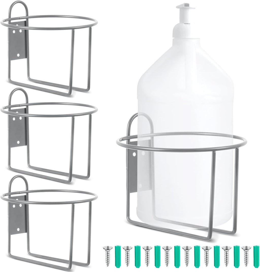 Hicarer 4 Pcs One Gallon Jug Storage Rack Wall Mounted Heavy Duty Steel Wall Rack for 1 Gallon Bottle Round Water Jug Holder with Hardware Hand Sanitizer 6-3/4" W x 5" H x 6-1/2" D (Gray)