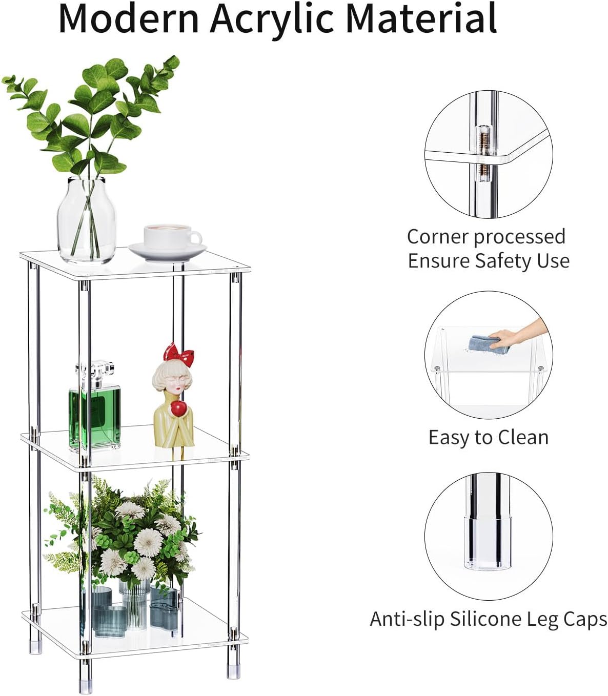 Clear Acrylic Side Table, 11.81" L x 11.81" W x 26.7" H, 3-Tier Square Corner Shelf End Table for Living Room, Small Modern Bedside Tables Nightstand for Bedroom, Home Decor Accent Table 13-01