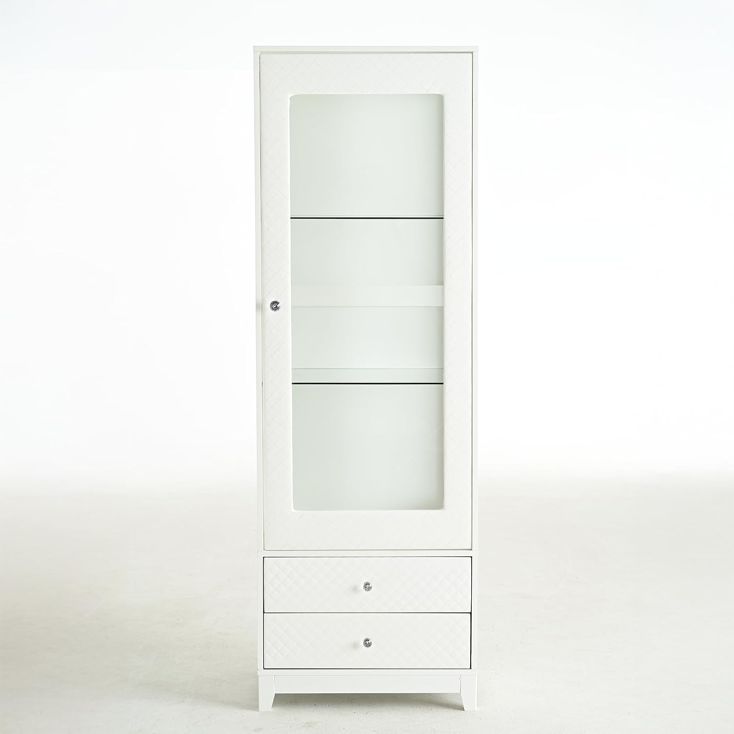 71'' Freestanding Display Cabinet with 2 Storage Drawers, Upholstered Pantry with Ceiling Light,Wine Cabinet with Glass Door and Adjustable Shelves, for Livingroom, Kitchen, Bar & Dining Room - White