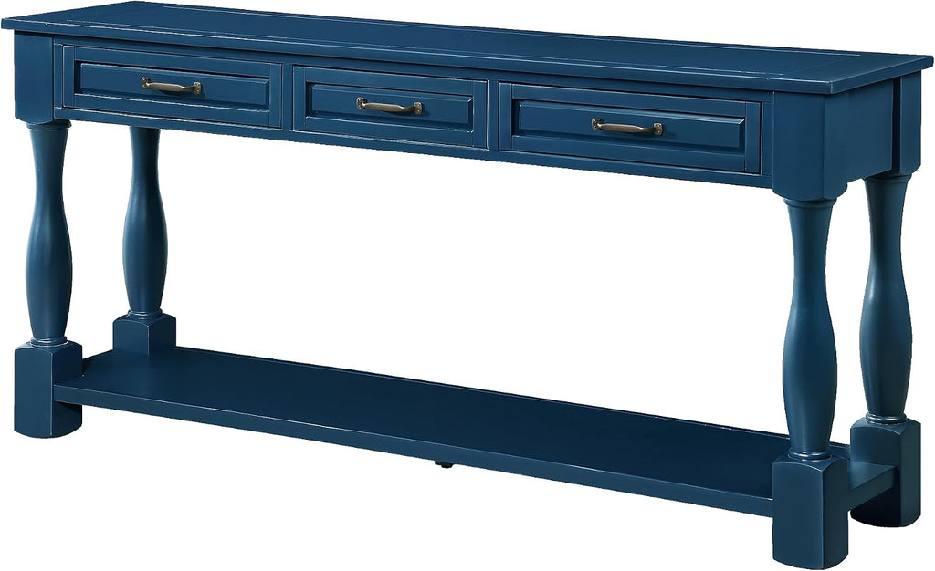 Merax Console Table with 4 Drawers, Retro Entryway Table with Open Storage Shelf for Entryway, Wood Side Table with Thick Legs for Living Room Bedroom, Navy Blue
