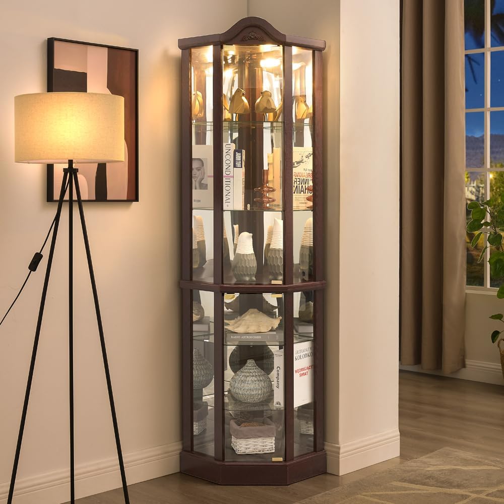 KEIKI 72" Corner Glass Display Cabinet with Adjustable Shelves, for Collectibles, Storage Curio Cabinet with Arched Floral Carving Decoration, 6-Tier Showcase Display Case, for Living Room, Cherry