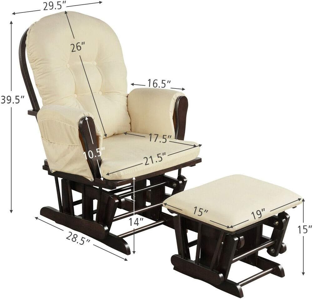 Nursery Rocking Chairs Nursery Glider Rocking Chair Wood Baby Rocker with Ottoman Cushion Upholstered Nursing Chair with Padded Arms (Beige)