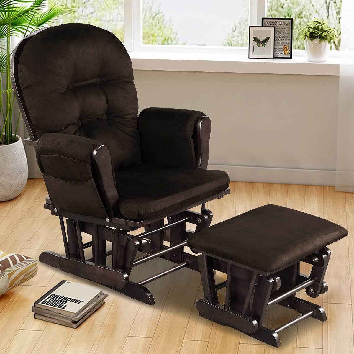 Costzon Glider and Ottoman Set, Wood Glider Rocker for Nursery, Upholstered Comfort Nursing Rocking Chair with Storage Pocket, Padded Armrests & Detachable Cushion, Easy to Assemble (Brown)