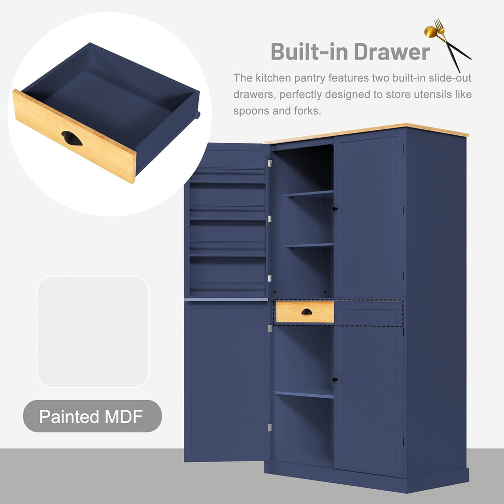 Merax 4 Doors Kitchen Pantry Storage Cabinet with 2 Drawers, 71.3" H Tall Pantry Blue Cupboard Kitchen Hutch with 2 Adjustable Shelves, Floor Spice Cabinet with 8 Door Shelves for Dining Room, Blue
