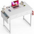 32" Small Gaming Desk with Drawers, Home Office Computer Writing Study Table with Storage Side Bag, Headphone Hook, and Adjustable Feet for Bedroom, White