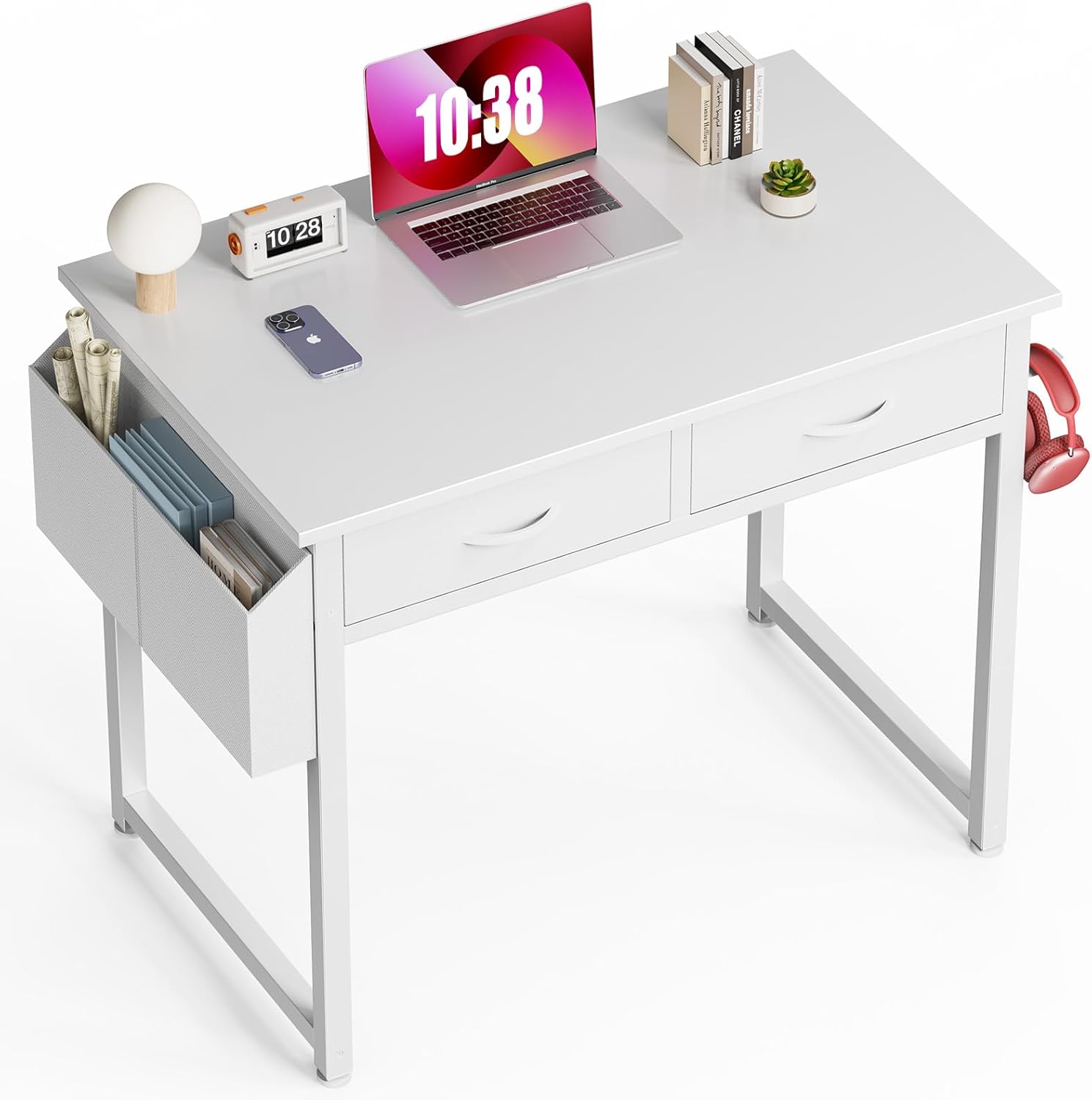 32" Small Gaming Desk with Drawers, Home Office Computer Writing Study Table with Storage Side Bag, Headphone Hook, and Adjustable Feet for Bedroom, White