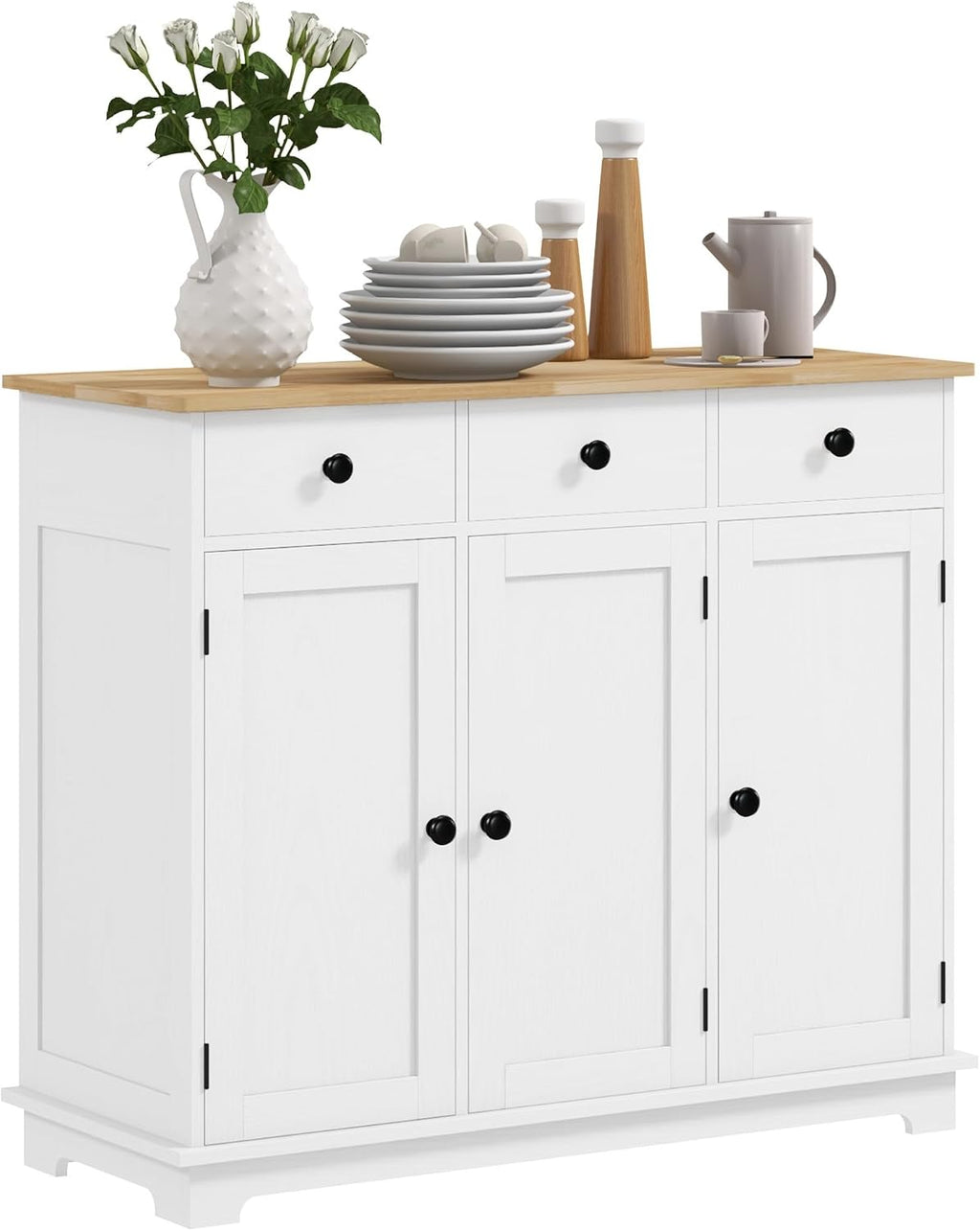 Sideboard with Solid Wood Countertop, Modern Kitchen Storage Cabinet, Coffee Bar Cabinet with 3 Drawers, Doors and Adjustable Shelf, Distressed White,for Kitchen