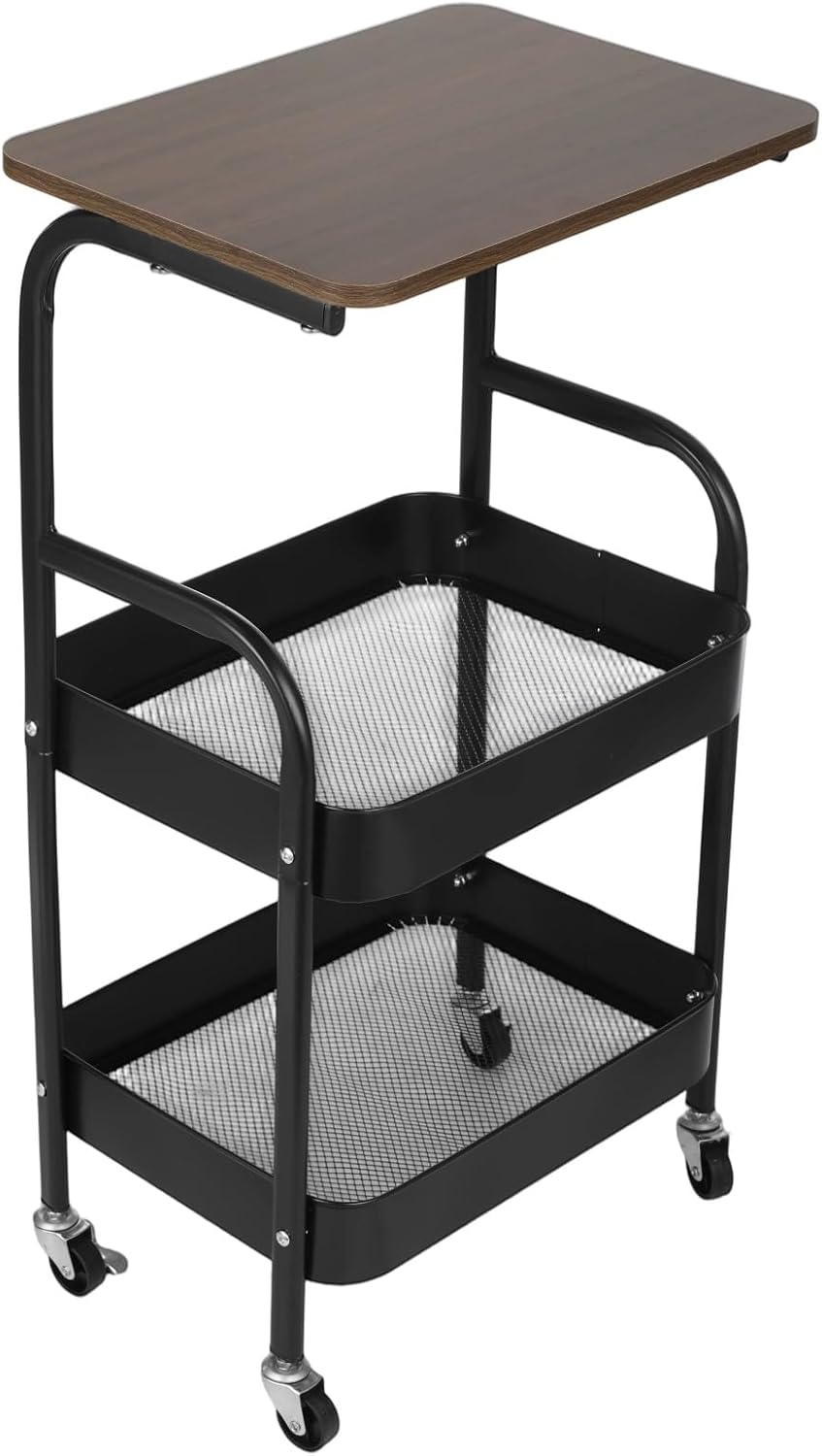 ZALIR 3 Tier Metal Rolling Utility Cart, Movable Storage Trolley with Wooden Table Top, Lockable Wheels, Multifunctional Organizer for Kitchen, Bathroom, Living Room & Bedroom (Black)
