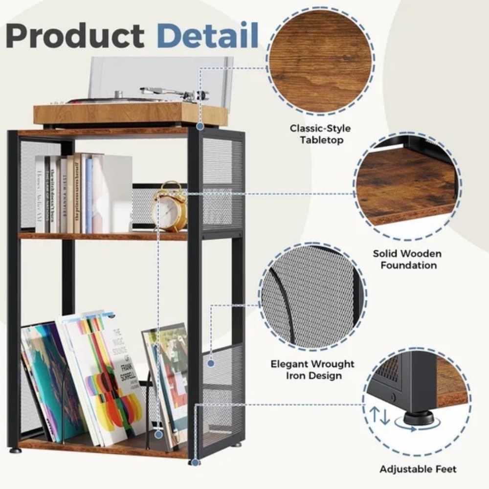 3 Tier Wooden End Table with Vinyl Storage Up to 100 Albums, Record Player Stand, Mid-Century Turntable Stand Side Table with Records Shelf for Living Room, Bedroom, Office