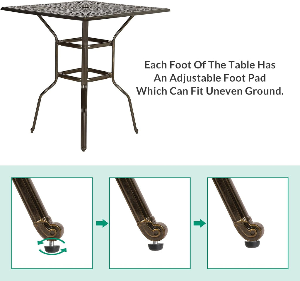 VIVIJASON 35.4" Patio Height Bar Table, All-Weather Cast Aluminum Bar Bistro Table Outdoor Patio Square Dining Table with 2.2" Umbrella Hole for Balcony, Lawn, Garden, Backyard, Antique Bronze