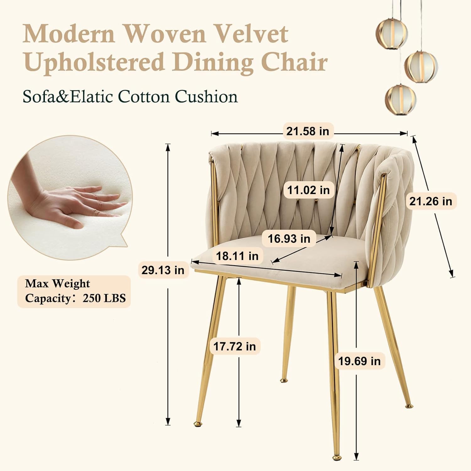 NIOIIKIT Modern Velvet Dining Chairs Hand Weaving Accent Chairs Living Room Chairs Upholstered Side Chair with Golden Metal Legs for Dining Room Kitchen Vanity Living Room (Ivory)