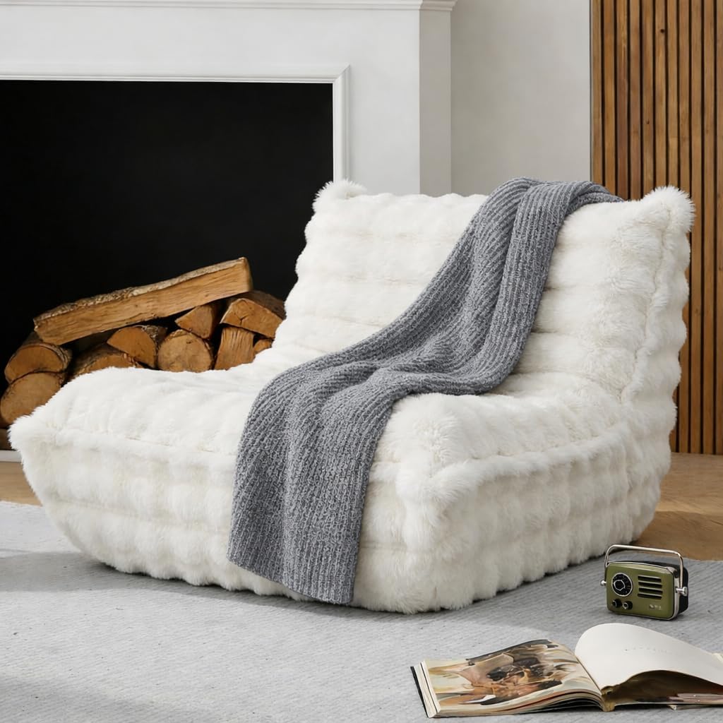 Bean Bag Chairs with Filler Faux Fur Fireside Beanbags Lazy Sofa for Memory Foam BeanBag Chair Bean Bag Sofa for Bedroom, Living Room, Office and Home (White)