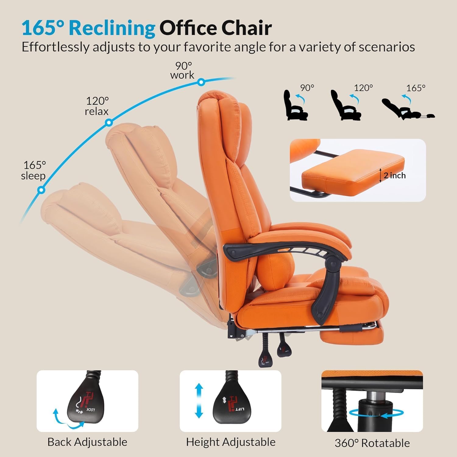 Ergonomic Office Chair with Foot Rest - Reclining Executive Computer Chair with Adjustable Lumbar Support & Arms, 600lbs High Capacity PU Leather Swivel Chair with Wheels (Orange)