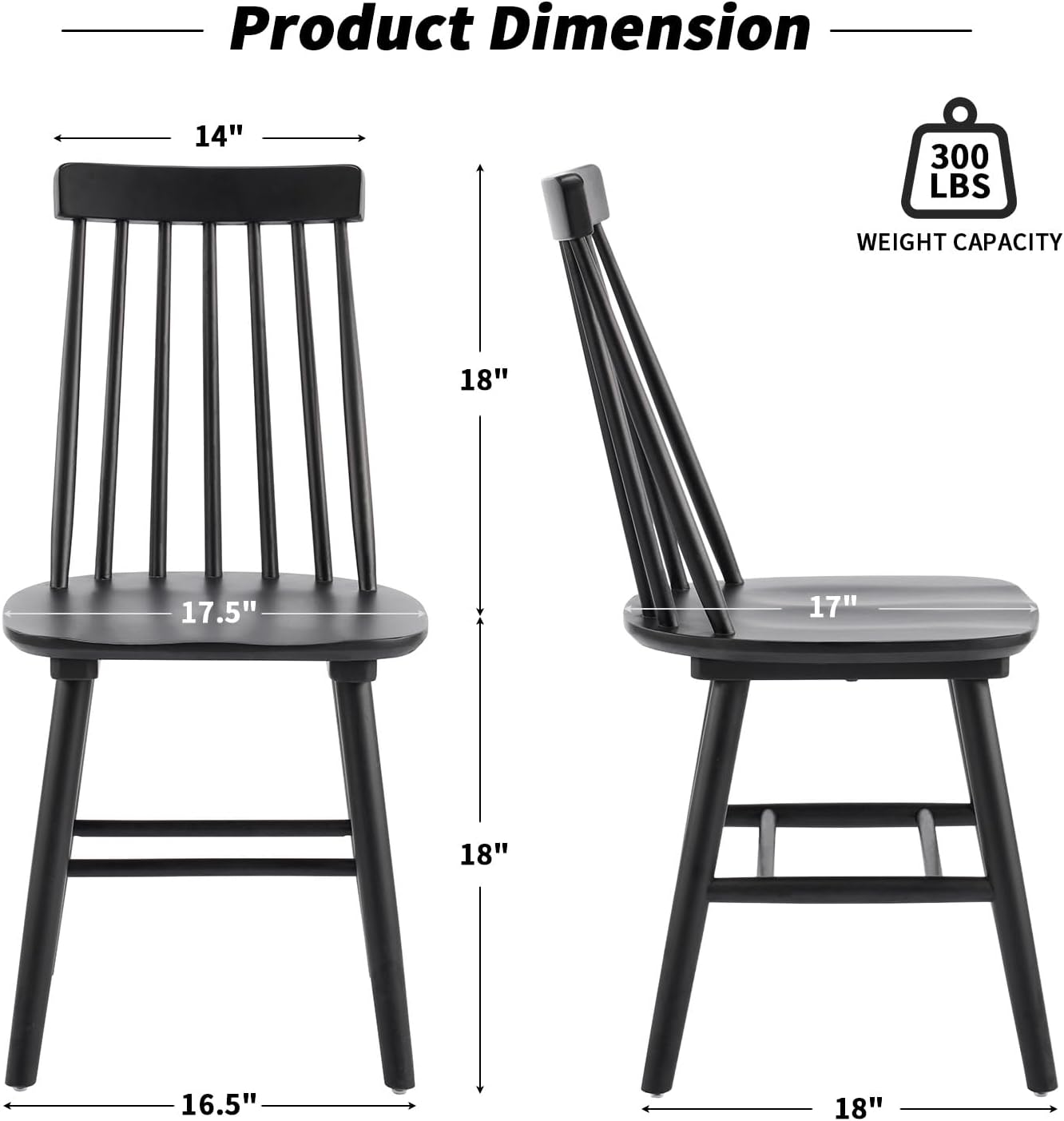 Black Dining Chair Set of 6, Windsor Wooden Dining Chairs Set of 6, Spindle Back Dining Chairs, Wood Dining Room Chair Spindle Side Country Farmhouse Chairs for Kitchen and Dining Room, Black